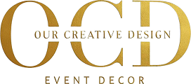 Gold text logo for event decor company.