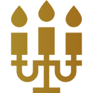 Gold candelabra icon on black background.