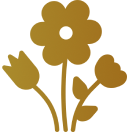 Gold floral icon on black background.