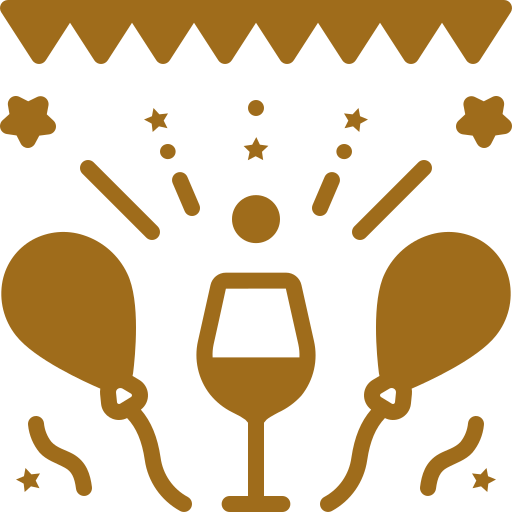 Party icons with balloons and confetti.