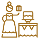 Woman with gift beside cake table.