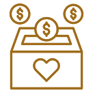 Donation box with coins and heart icon.